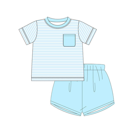( Moq 5 ) Preorder Baby Boys Kids Short Sleeves Stripes Pocket Shirt Blue Shorts Summer Clothes Set