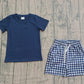 Baby Boys Kids Navy Short Sleeves Shirt Plaid Pockets Shorts Summer Clothes Set RTS