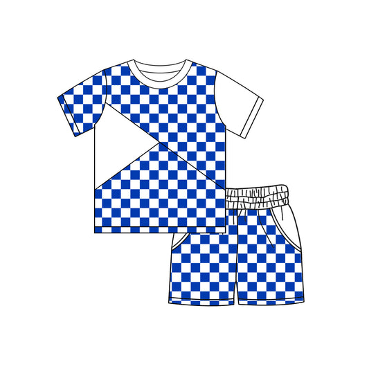 ( Moq 5 ) Preorder Baby Boys Short Sleeves Blue Plaid Shirt Pockets Shorts Summer Clothes Set