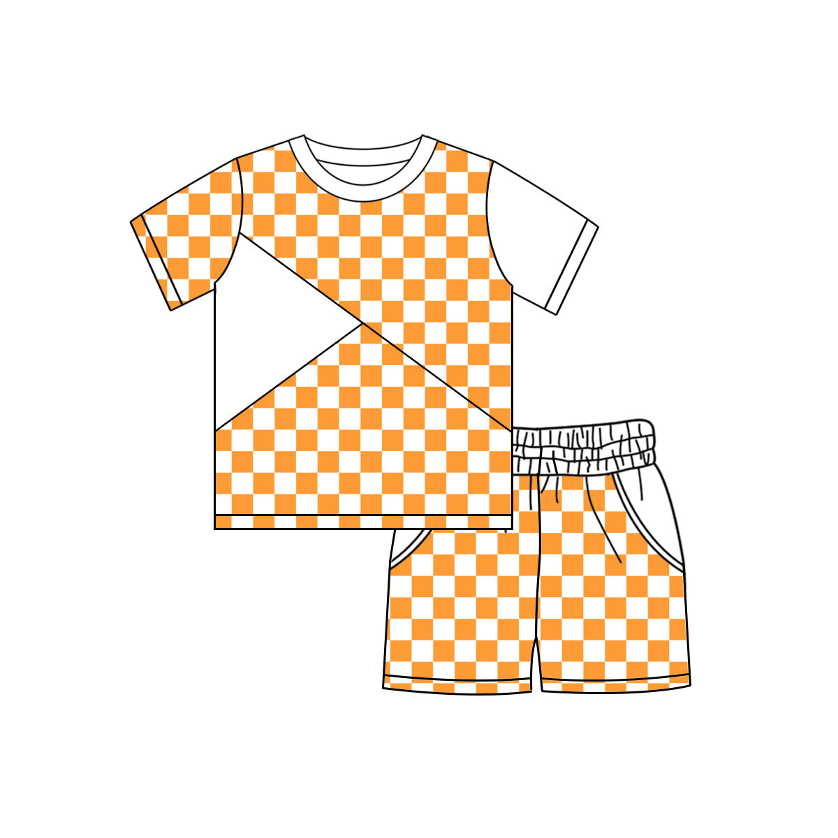 ( Moq 5 ) Preorder Baby Boys Short Sleeves Orange Plaid Shirt Pockets Shorts Summer Clothes Set