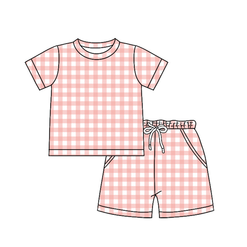 ( Moq 5 ) Preorder Baby Boys Kids Short Sleeves  Plaid Shirt Pockets Shorts Summer Clothes Set