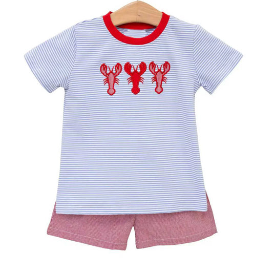 ( Moq 5 ) Preorder Baby Boys Kids Short Sleeves Crayfish Stripes Shirt Pink Shorts Summer Set