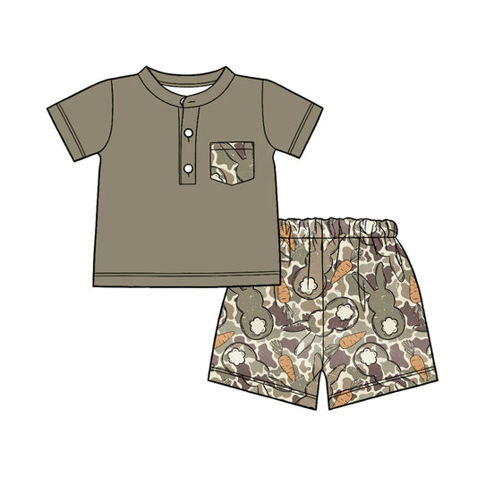 ( Moq 5 ) Preorder Baby Boys Kids Short Sleeves Pocket Buttons Shirt Rabbits Carrots Camo Shorts Easter Set