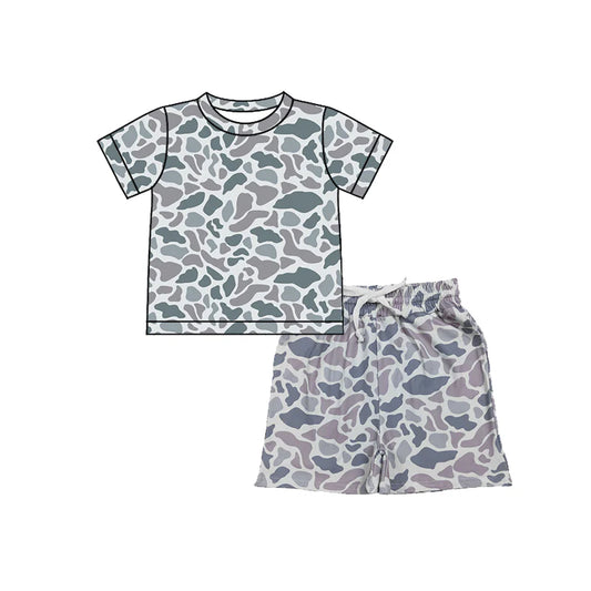 ( Moq 5 ) Preorder Baby Boys Kids Short Sleeves Southern Grey Camo Shirt Pockets Shorts Summer Set