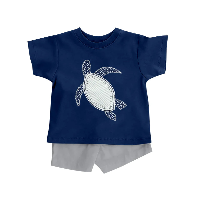 ( Moq 5 ) Preorder Baby Boys Kids Navy Short Sleeves Turtle Shirt Grey Shorts Summer Set