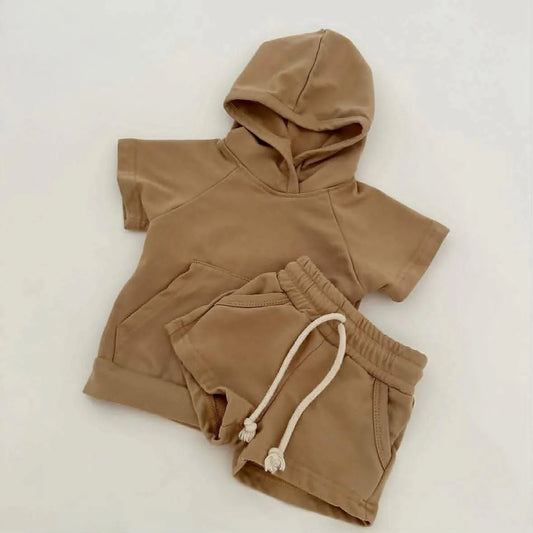 ( Moq 5 ) Preorder Baby Boys Toddler Short Sleeves Hoodie Pullover Shirt Pockets Shorts Brown Set