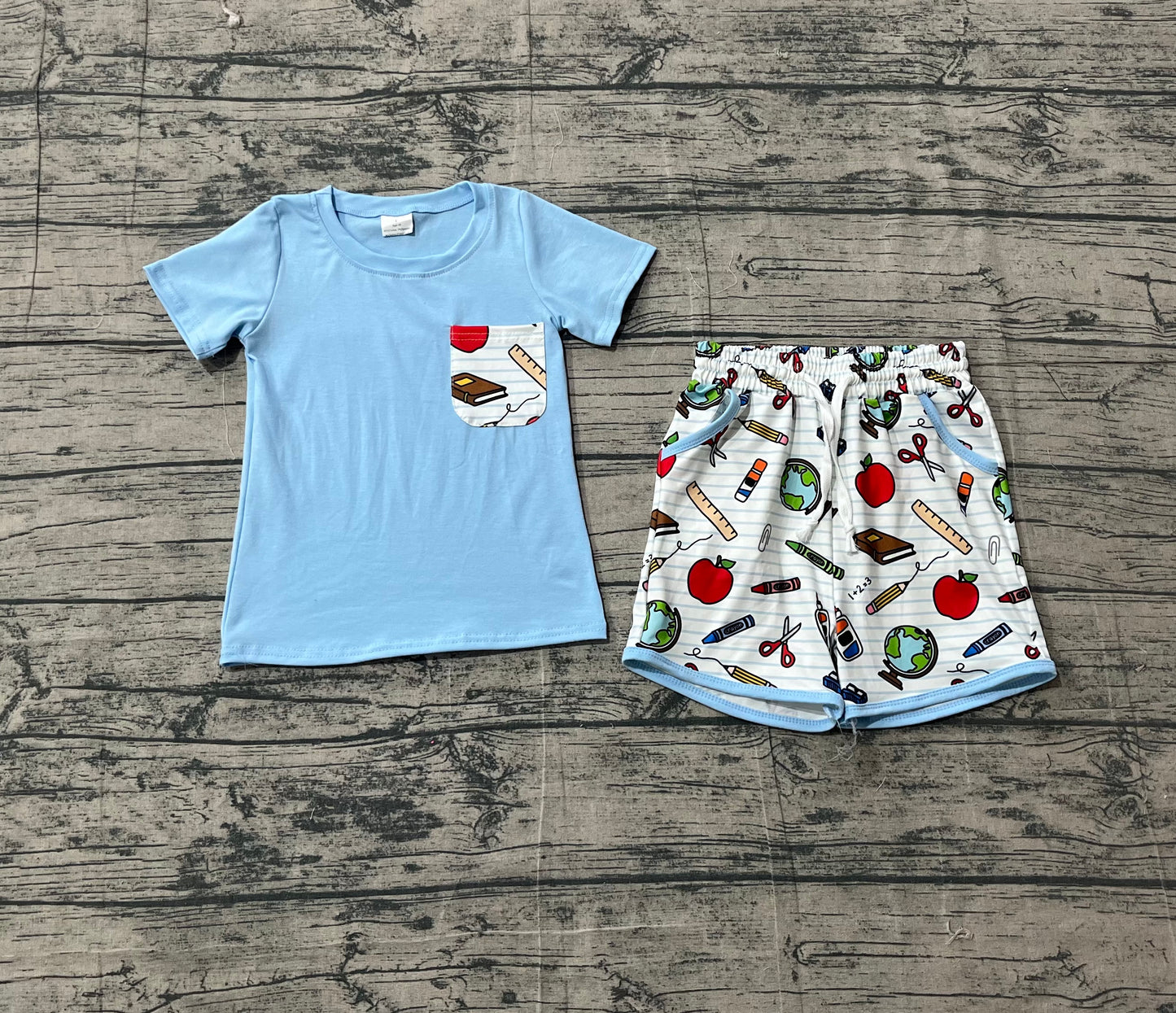 Baby Boys Kids Short Sleeves Blue Shirt Apple Pencil Pockets Shorts Back to School Set RTS
