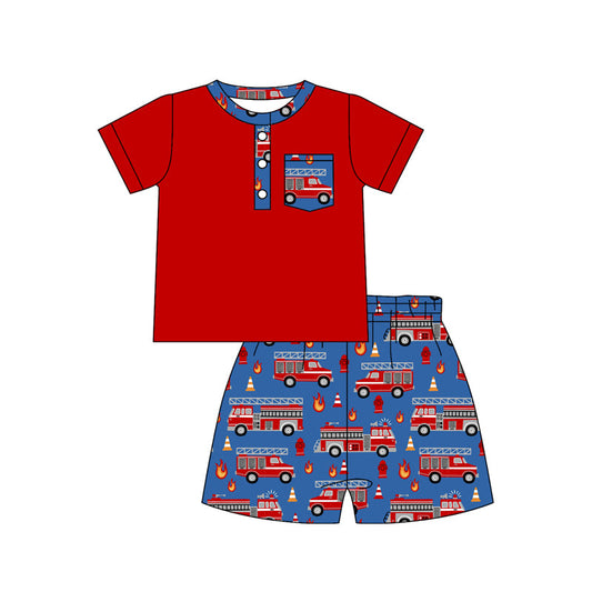 ( Moq 5 ) Preorder Baby Boy Kids Red Short Sleeves Pocket Buttons Shirt Fire Trucks Shorts Clothes Set