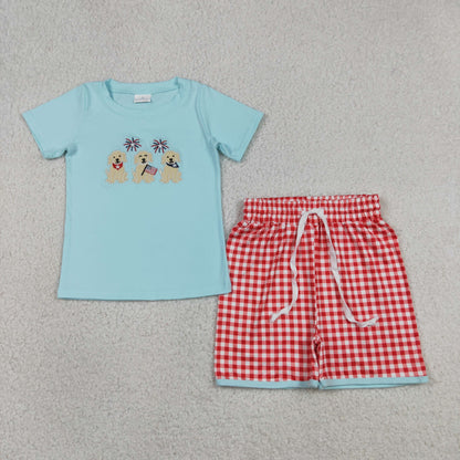 Sibling Baby Boys Girls Embroidery Dogs Flags Rompers Sets 4th of July Clothes RTS