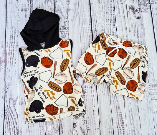 ( Moq 5 ) Preorder Baby Boys Kids Baseball Hoodie Shirt Pockets Shorts Set Summer Clothes