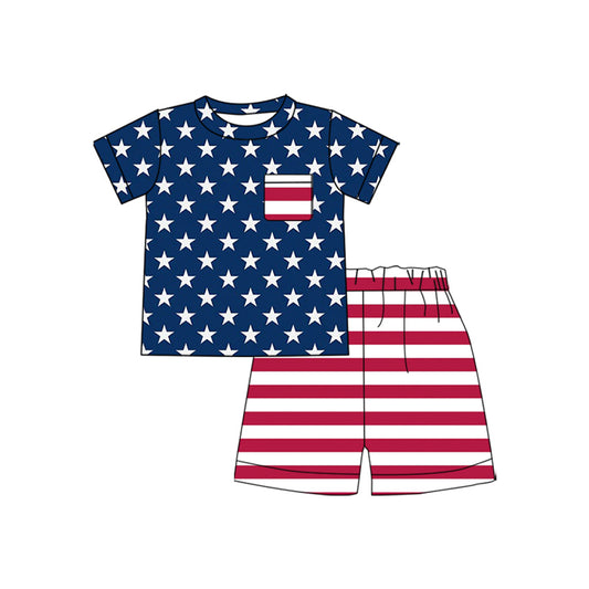 ( Moq 5 ) Preorder Baby Boys Kids Short Sleeves Stars Shirt Stripes Shorts 4th of July Set