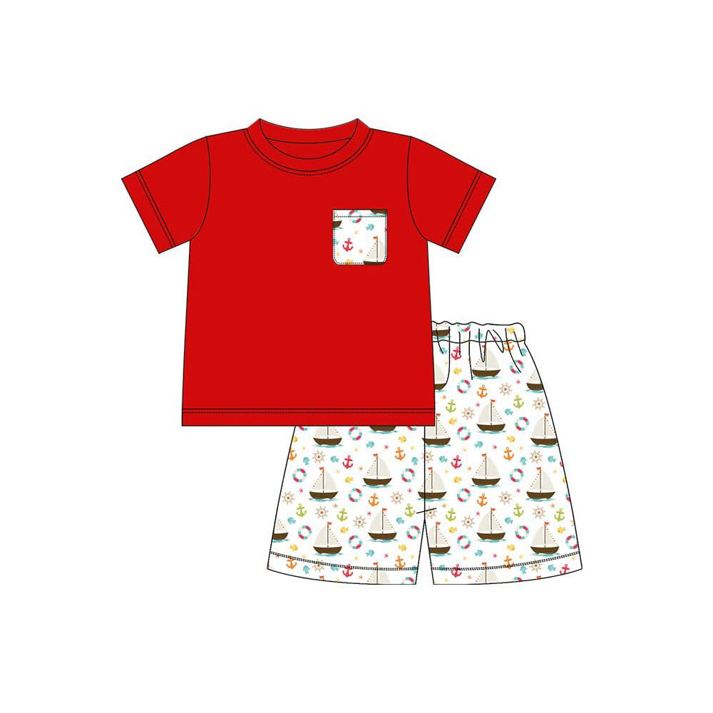 ( Moq 5 ) Preorder Baby Boys Kids Red Short Sleeves Pocket Shirt Boats Shorts Summer Set Clothes