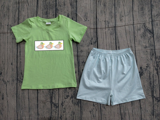 ( Moq 5 ) Preorder Baby Boys Kids Green Embroidery Ducks Shirt Stripes Shorts Set Clothes