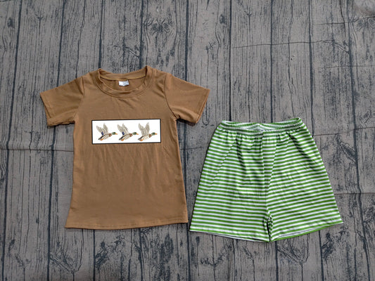 ( No moq ) Preorder Baby Boys Kids Embroidery Ducks Shirt Green Stripes Shorts Set