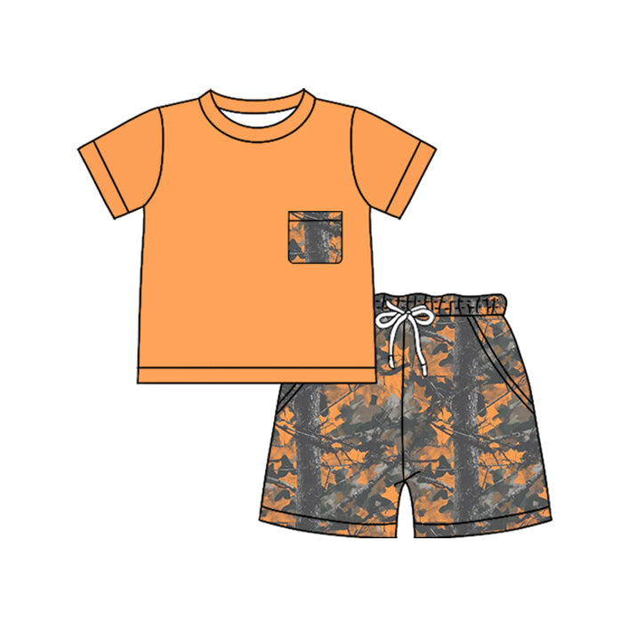 ( Moq 5 ) Preorder Baby Boys Kids Orange Short Sleeves Shirt Leaves Pockets Shorts Set
