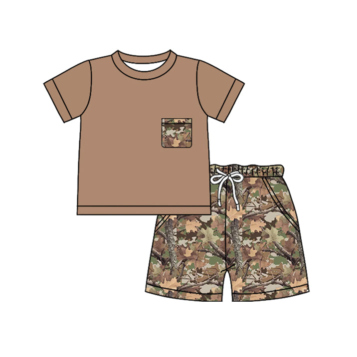 ( Moq 5 ) Preorder Baby Boys Kids Short Sleeves Shirt Leaves Pockets Shorts Camo Set