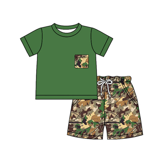 ( Moq 5 ) Preorder Baby Boys Kids Green Short Sleeves Shirt Leaves Pockets Shorts Set