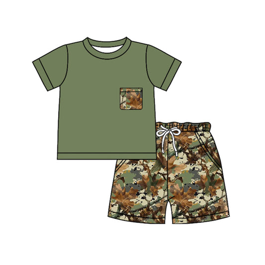 ( Moq 5 ) Preorder Baby Boys Kids Green Short Sleeves Shirt Leaves Pockets Shorts Set