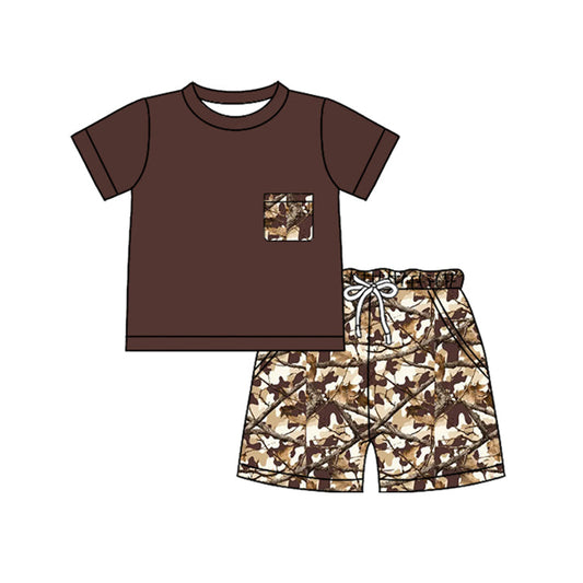 ( Moq 5 ) Preorder Baby Boys Kids Brown Short Sleeves Shirt Leaves Pockets Shorts Set