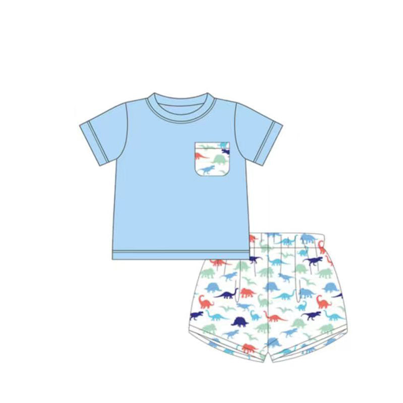 ( Moq 5 ) Preorder Baby Boys Short Sleeves Pocket Blue Shirt Dinosaurs Shorts Set Clothes