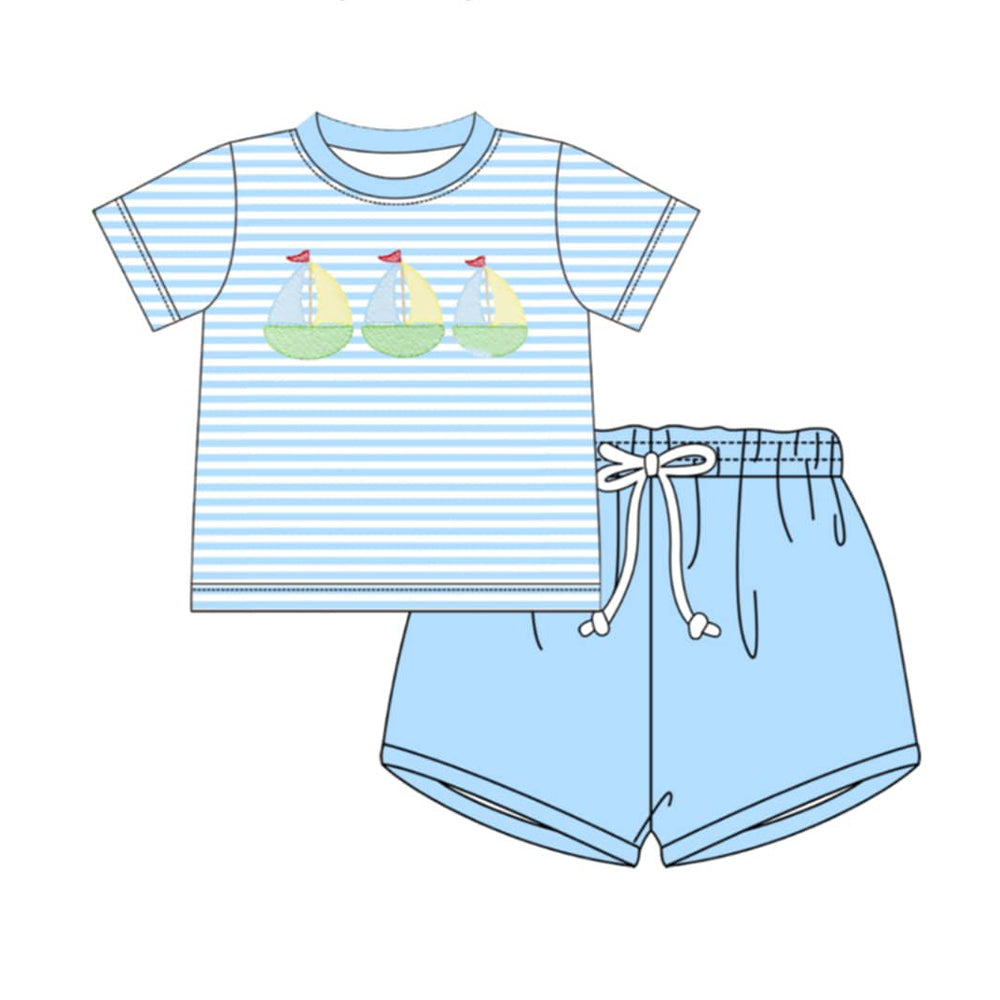 ( Moq 5 ) Preorder Baby Boys Kids Short Sleeves Boats Stripes Shirt Blue Shorts Set Clothes