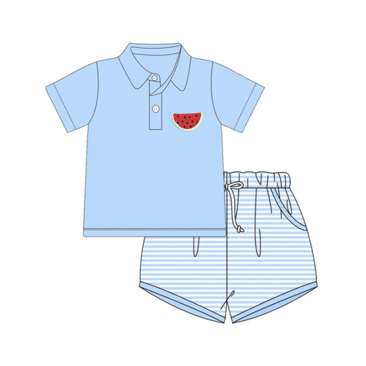( Moq 5 ) Preorder Baby Boys Blue Short Sleeves Watermelon Shirt Stripes Pockets Shorts Set Clothes