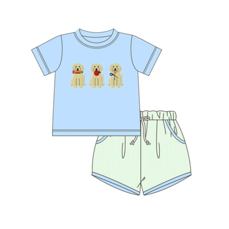 ( Moq 5 ) Preorder Baby Boys Kids Dogs Blue Shirt Stripes Pockets Shorts Set Back to School Clothes