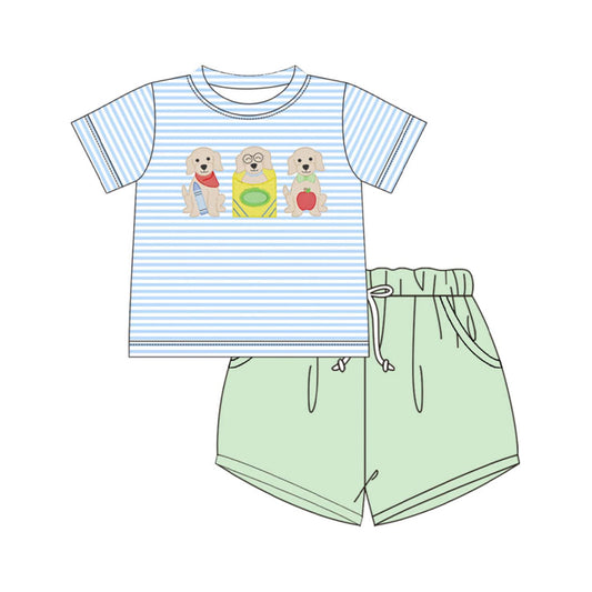 ( Moq 5 ) Preorder Baby Boys Kids Dogs Stripes Shirt Green Pockets Shorts Set Back to School Clothes