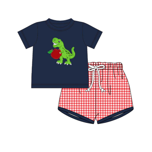 ( Moq 5 ) Preorder Baby Boy Kids Short Sleeves Dinosaurs Shirt Red Plaid Shorts Back to School Set