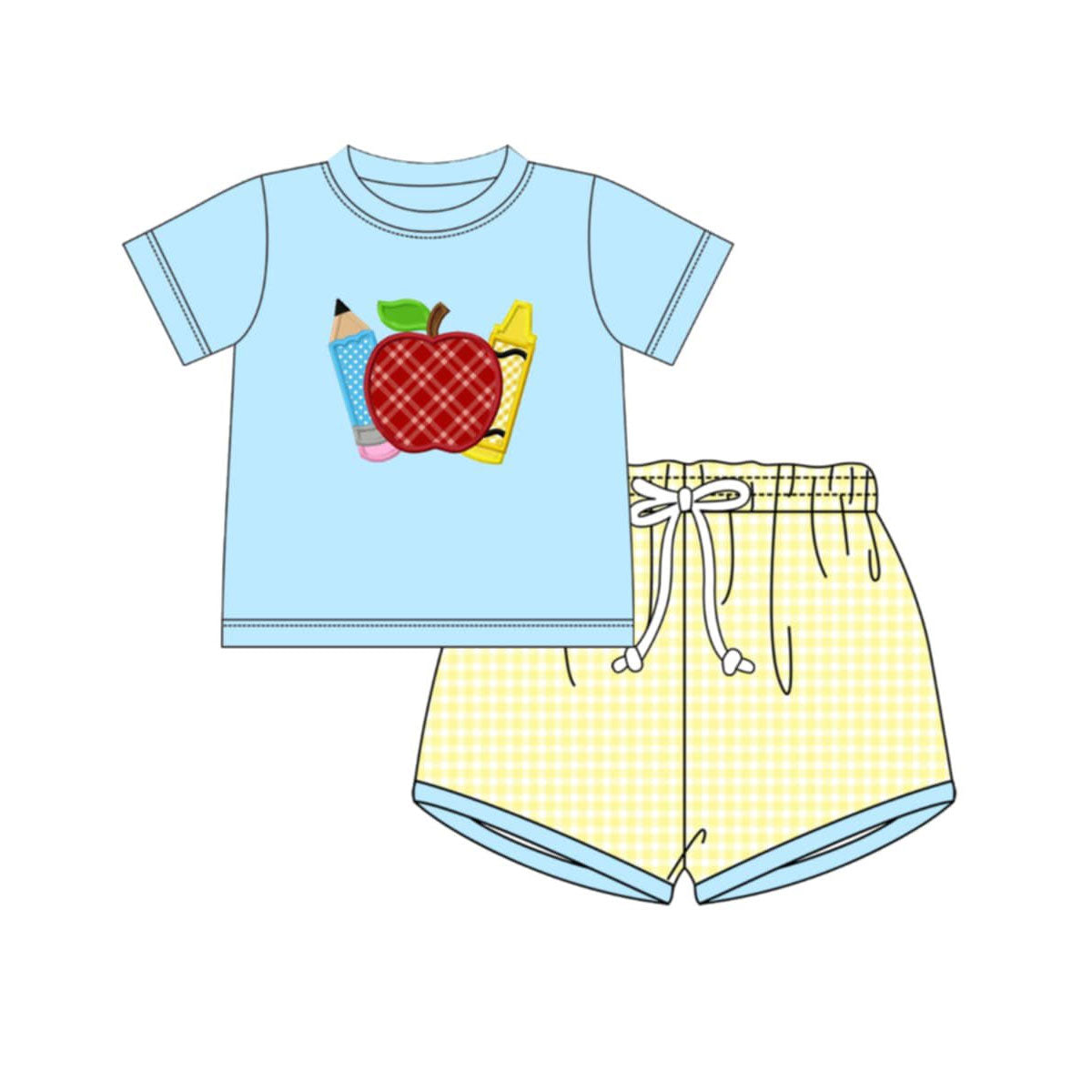 ( Moq 5 ) Preorder Baby Boy Kids Blue Short Sleeves Apple Pencil Shirt Plaid Shorts Back to School Set