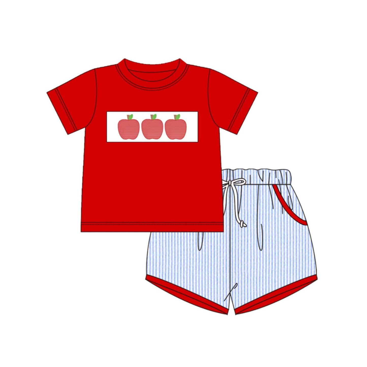 ( Moq 5 ) Preorder Baby Boys Red Short Sleeves Apple Shirt Stripes Pockets Shorts Back to School Set