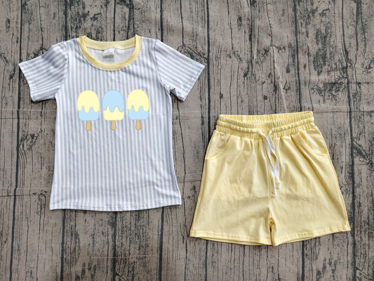 ( Moq 5 ) Preorder Baby Boys Short Sleeves Embroidery Popsicle Stripes Shirt Yellow Pockets Shorts Set Clothes