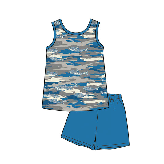 ( Moq 5 )  Preorder Baby Boys Sleeveless Fish Camo Shirt Blue Shorts Set Clothes