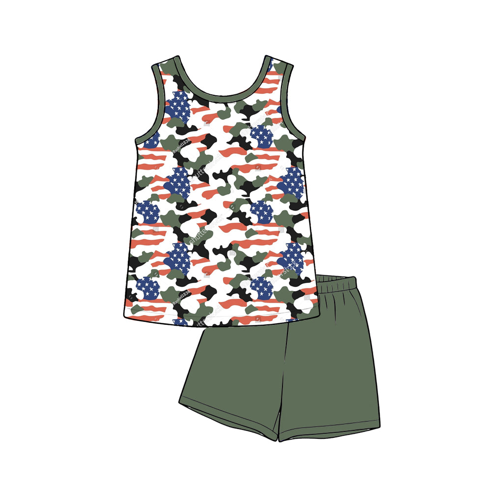 ( Moq 5 )  Preorder Baby Boys Stars Camo Shirt Green Shorts Set 4th of July Clothes