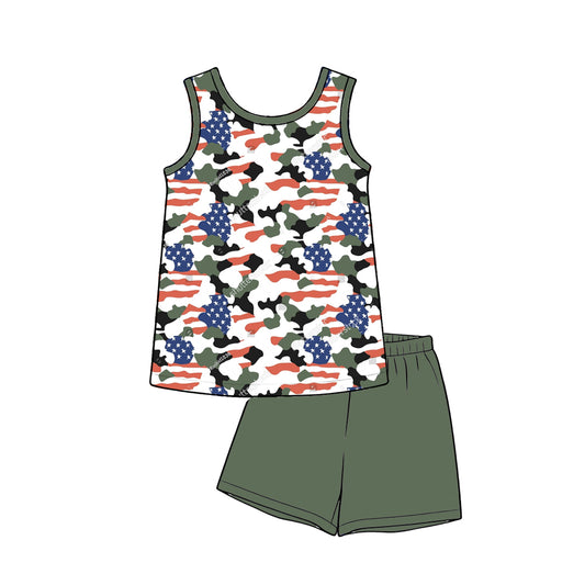 ( Moq 5 )  Preorder Baby Boys Stars Camo Shirt Green Shorts Set 4th of July Clothes