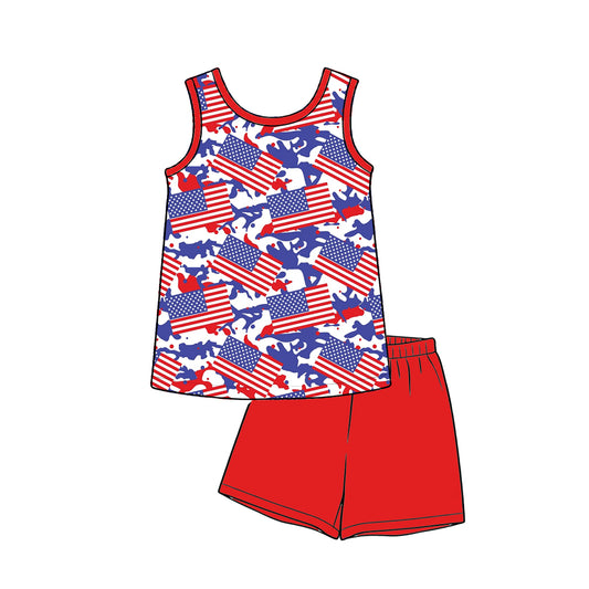 ( Moq 5 )  Preorder Baby Boys Flags Camo Shirt Red Shorts Set 4th of July Clothes