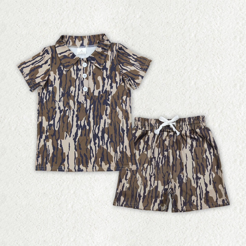 Baby Boys Kids Short Sleeves Olive Camo Buttons Shirt Pockets Shorts Summer Set RTS