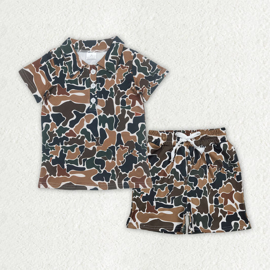 Baby Boys Kids Short Sleeves Brown Green Camo Buttons Shirt Pockets Shorts Summer Set RTS