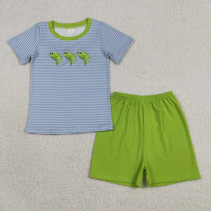 Sibling Baby Boys Kids Embroidery Fish Stripes Tops Shorts Set Romper Summer Clothes RTS