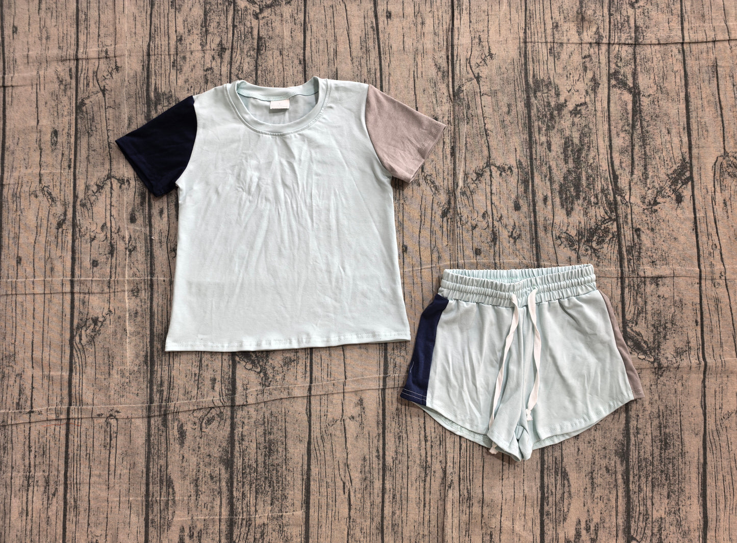 ( No moq ) Preorder Baby Boys Kids Short Sleeves Blue Shirt Shorts Cotton Set Summer Clothes