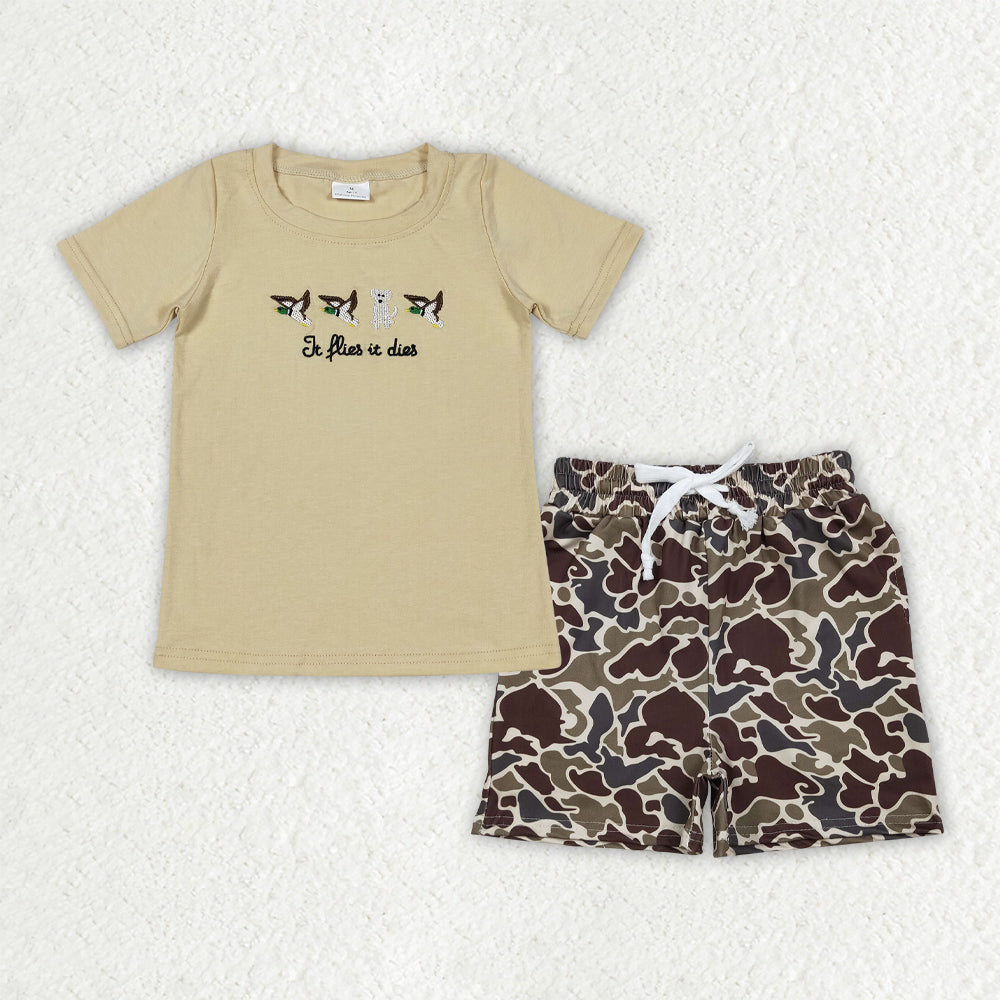 Baby Boys Short Sleeves Embroidery Dogs Ducks Shirt Camo Shorts Clothes Set RTS