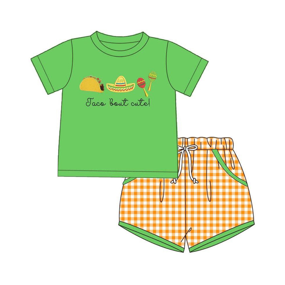 ( Moq 5 ) Preorder Baby Boys Kids Short Sleeves Green Shirt Plaid Pockets Shorts Set Clothes