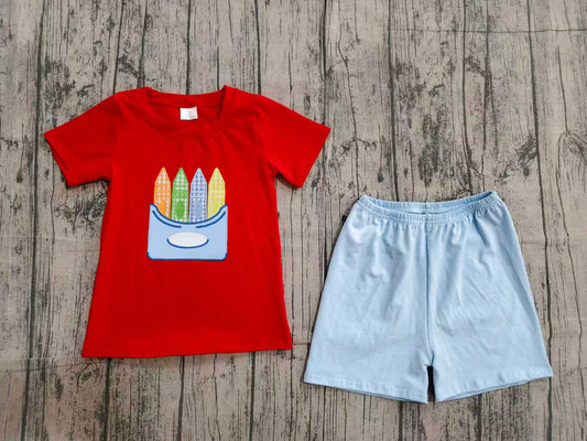 ( No moq ) Preorder Baby Boys Kids Embroidery Pencil Red Shirt Shorts Back to School Set