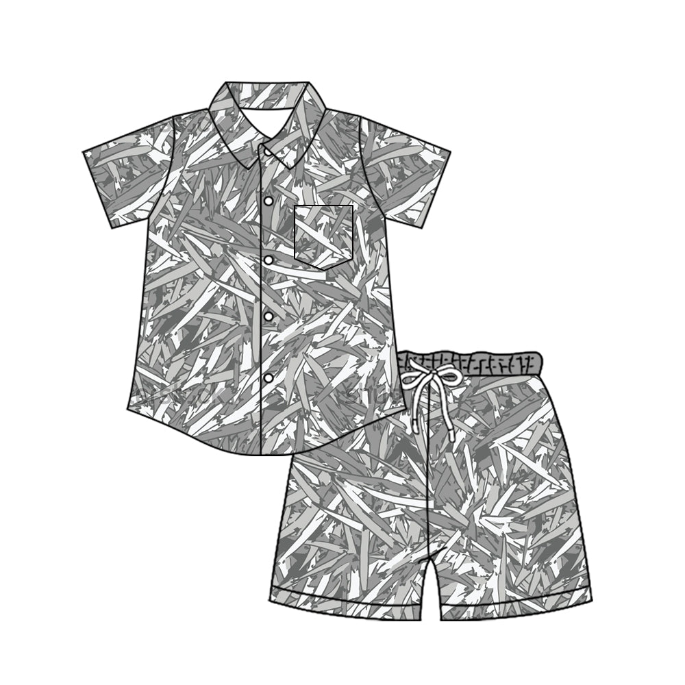 ( Moq 5 ) Preorder Baby Boys Kids Short Sleeves Buttons Pocket Shirt Shorts Leaves Set Clothes