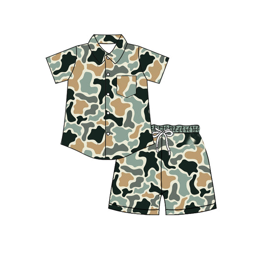 ( Moq 5 ) Preorder Baby Boys Kids Short Sleeves Buttons Pocket Shirt Shorts Set Camo Clothes