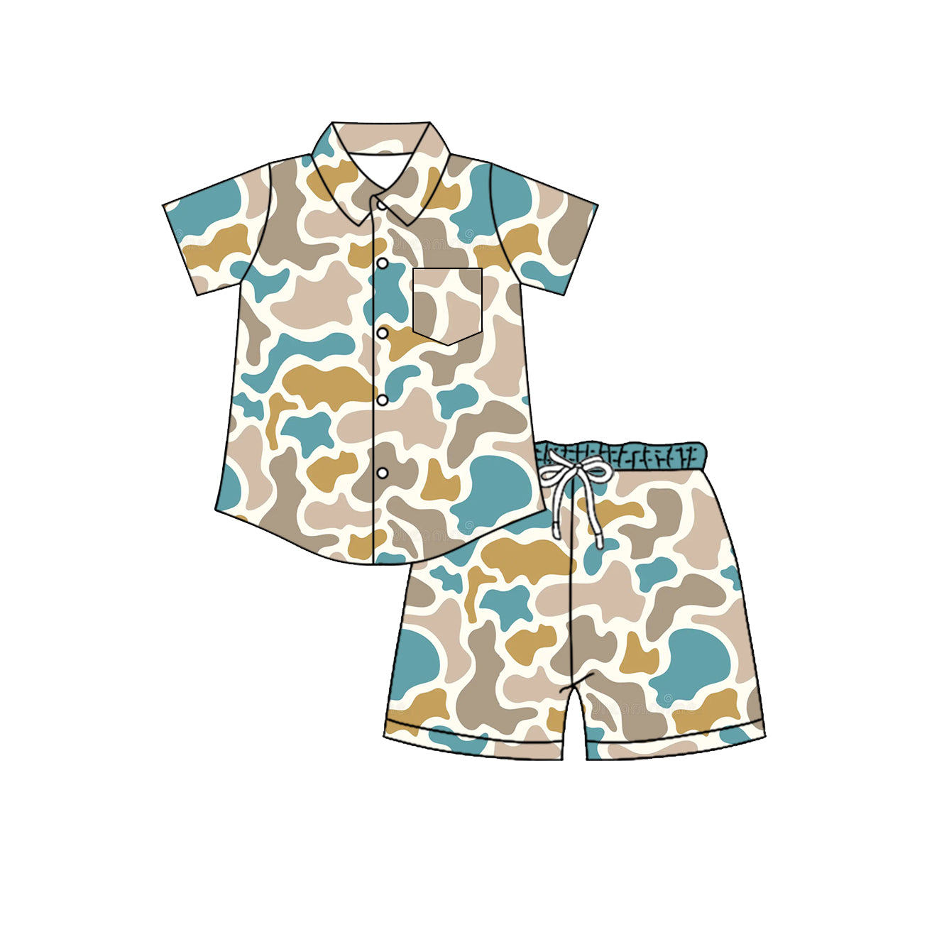 ( Moq 5 ) Preorder Baby Boys Kids Short Sleeves Buttons Pocket Shirt Shorts Camo Set Clothes