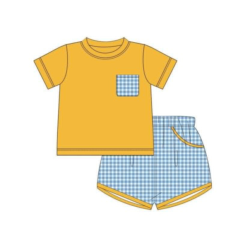 ( Moq 5 ) Preorder Baby Boys Kids Short Sleeves Yellow Shirt Pockets Plaid Shorts Summer Set