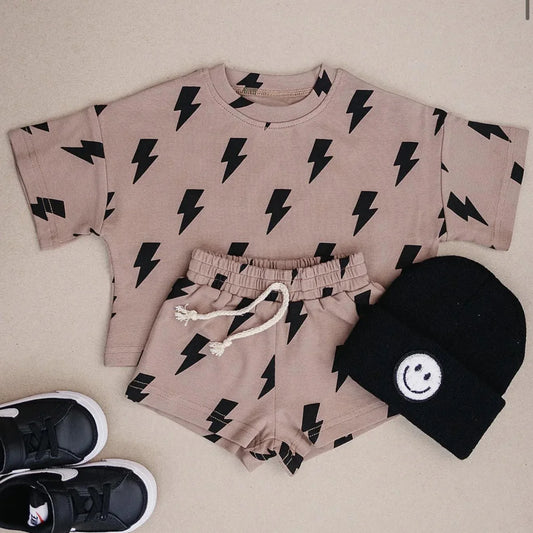 ( Moq 5 ) Preorder Baby Kids Toddler Short Sleeves Lightning Shirt Shorts Summer Set