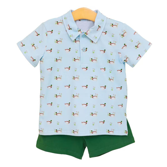( Moq 5 ) Preorder Baby Boys Kids Short Sleeves Ducks Shirt Green Shorts Summer Set
