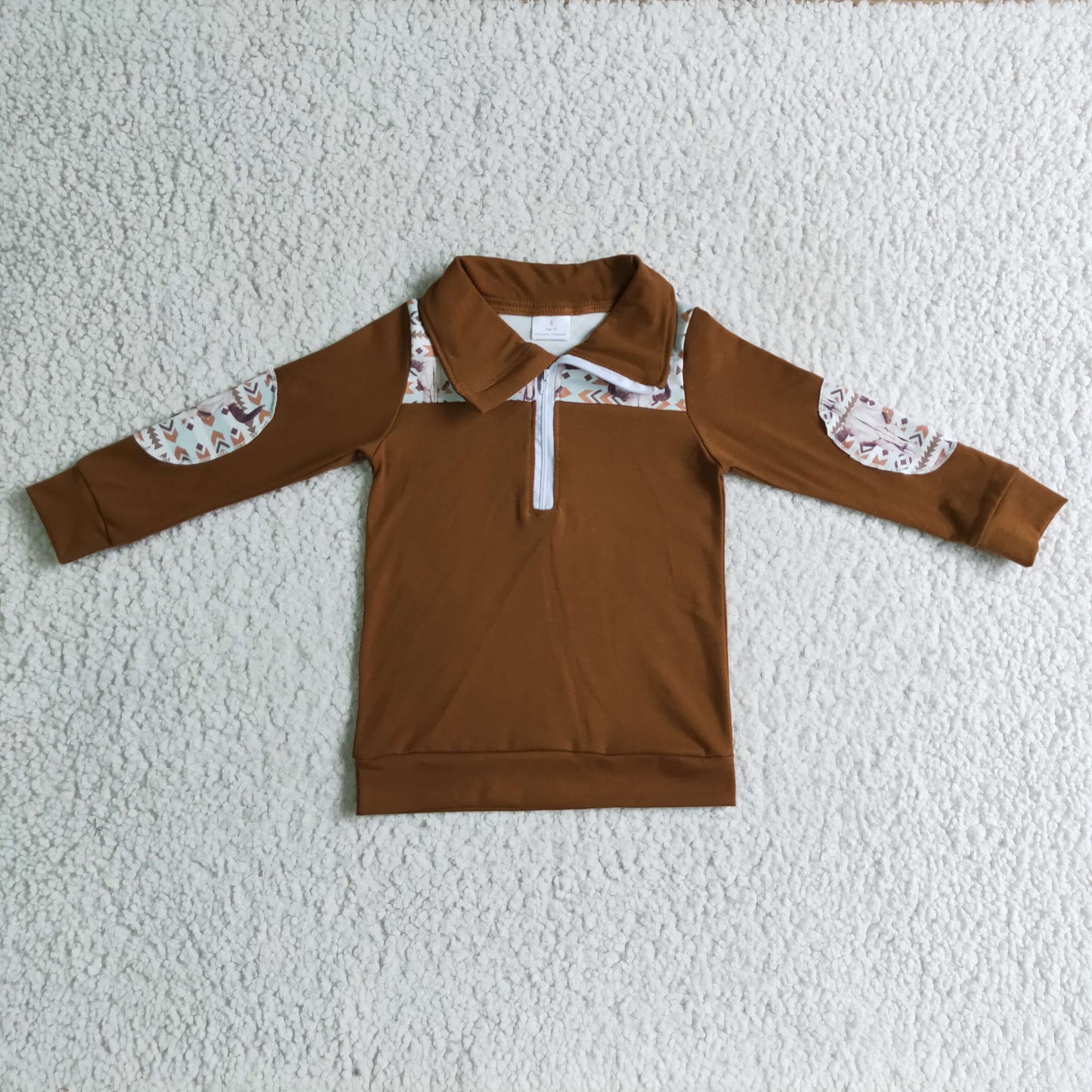 Promotion Baby Boy Long Sleeves Western Cow Zipper Brown Shirt